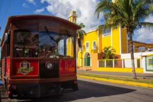 Cozumel City Tour By Trolley - Downtown photo stops: Cozumel sign, Mexican flag, and San Miguel Bay
